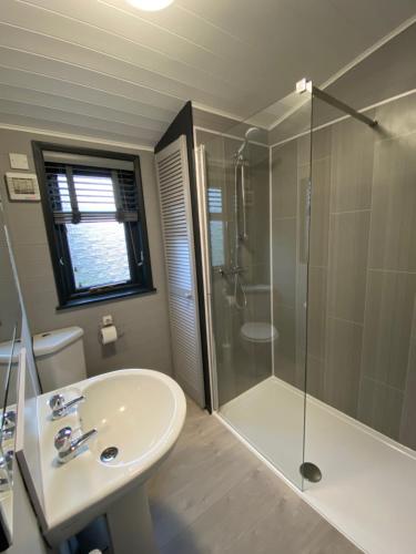 a bathroom with a sink and a shower and a toilet at L19 - Penrhyn Spa Lodge with Hot Tub in Bethesda
