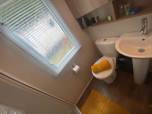 uma casa de banho com um WC, um lavatório e uma janela em V13 - The Falls with Hot Tub em Bethesda