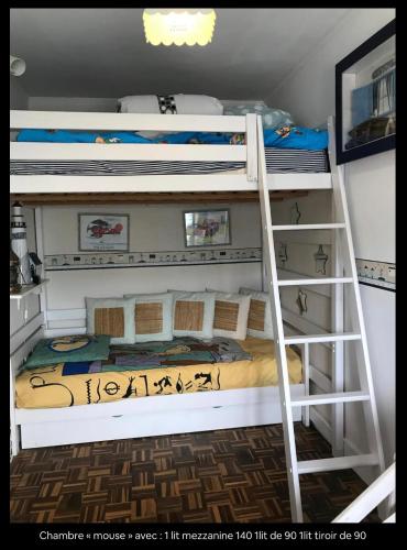 - une chambre avec 2 lits superposés et une échelle dans l'établissement St Valery en Caux, apt vue mer et falaise: le bleu de lô, à Saint-Valery-en-Caux