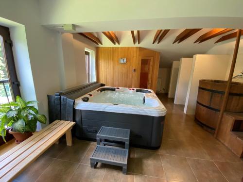 uma grande banheira de hidromassagem no meio de um quarto em Mountain-Rest Pension em Miercurea Ciuc
