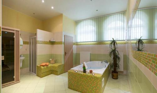a bathroom with a tub and a shower and a sink at Penzion U Hraběnky in Petrovice