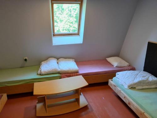 a room with two bunk beds and a window at Annimatsi Camping in Otepää