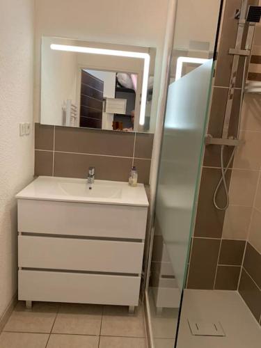 une salle de bain avec un lavabo et un miroir dans l'établissement MS APPART** 5 PERS BALCON PISCINE LUZ 5MN, à Luz-Saint-Sauveur