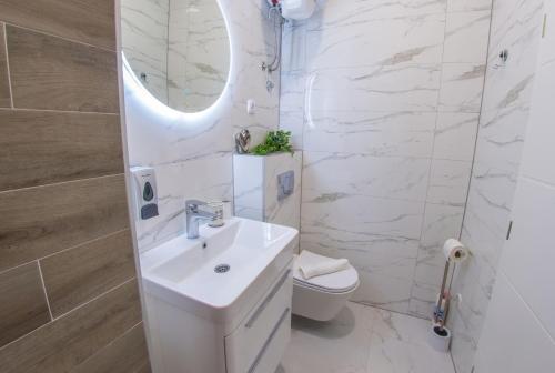a bathroom with a sink and a toilet and a mirror at Apartment Neretva Magic Dream in Mostar