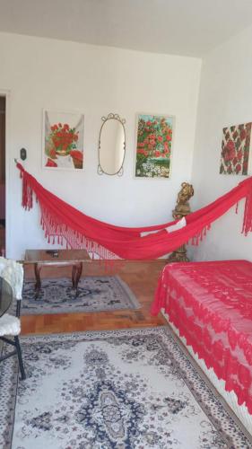 a bedroom with a red bed and a red curtain at Acomodação central e WI-FI in São Lourenço do Sul
