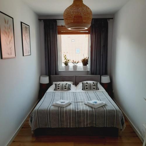 a bedroom with a bed and a window at Lux Apartment parking gratis in Złotów