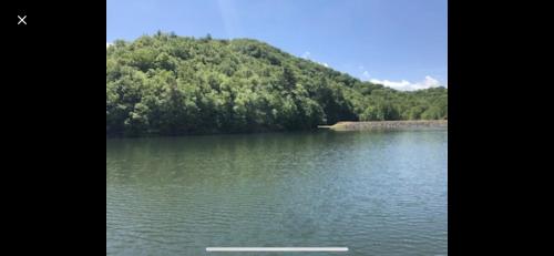 a large body of water with a mountain in the background at Cute Little Cabin (Near the Nantahala River) in Topton