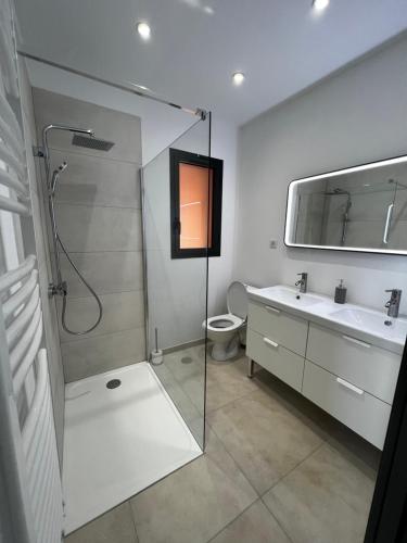 une salle de bain avec une douche, un lavabo et des toilettes dans l'établissement Villa Moderne avec Piscine et Parking à Mouans-Sartoux, à Mouans-Sartoux