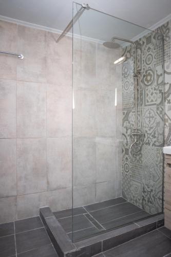 a shower with a glass door in a bathroom at Santa Marina in Ioannina