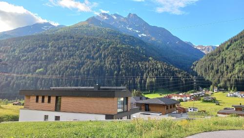 a house in a field with mountains in the background at Apart Sopherl in Pettneu am Arlberg