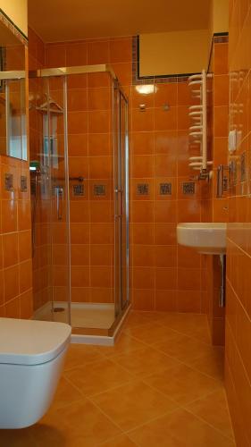 ein Bad mit einer Dusche, einem WC und einem Waschbecken in der Unterkunft WSPÓLNA in Warschau