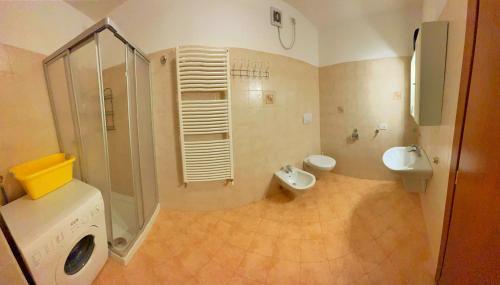 a bathroom with a shower and a toilet and a sink at Casa Nili in Alleghe