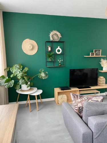 a living room with a couch and a green wall at Appartement T2 proche de la gare Bourg en Bresse in Bourg-en-Bresse