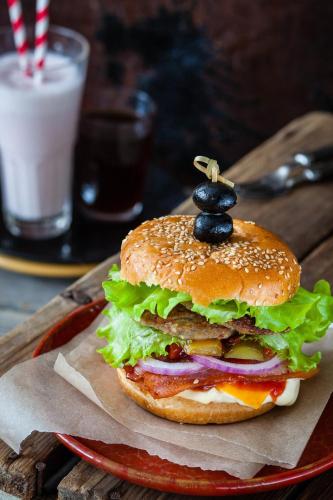a hamburger on a red plate with a black pepper on top at MOOI Apartments Schlieren in Schlieren
