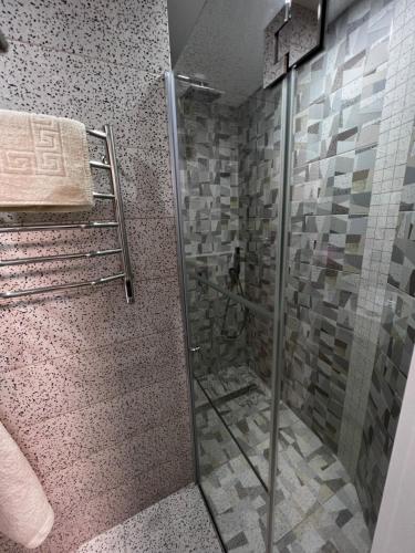 a shower with a glass door in a bathroom at Kharkovlux in Kharkiv