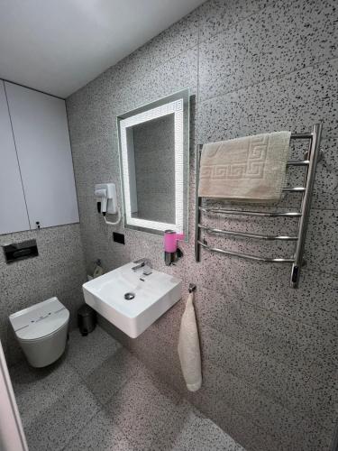 a bathroom with a sink and a toilet and a mirror at Kharkovlux in Kharkiv