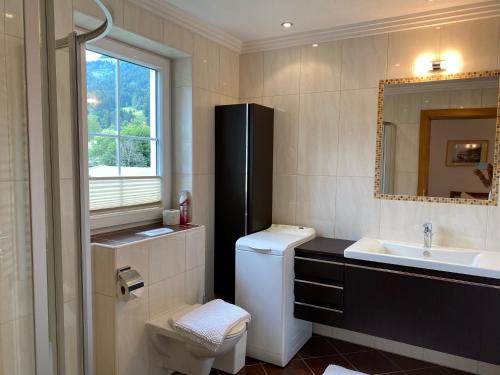 La salle de bains est pourvue d'un lavabo, de toilettes et d'un miroir. dans l'établissement Appartement Maria, à Westendorf