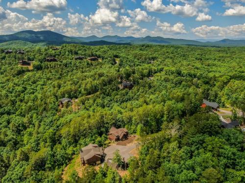 an aerial view of a forest with houses and trees at Highlands Retreat the Perfect Cabin for your relaxing experience in Mineral Bluff