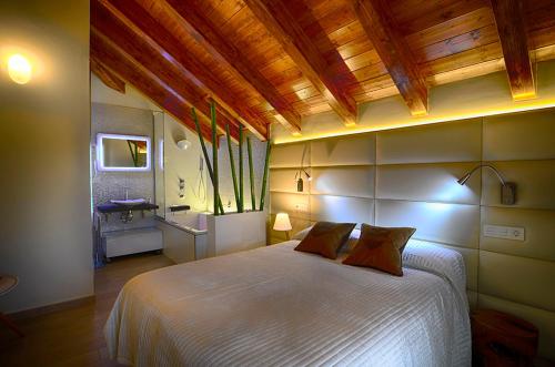 ein Schlafzimmer mit einem großen Bett und einer Holzdecke in der Unterkunft Casas Ordesa in Belsierre