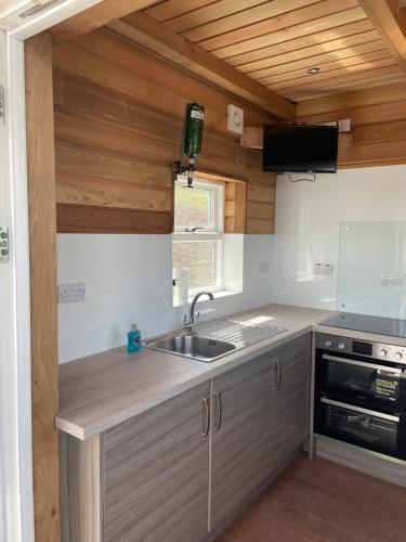 a kitchen with a sink and a stove at East Learmouth Lakeside Lodges in Cornhill-on-tweed
