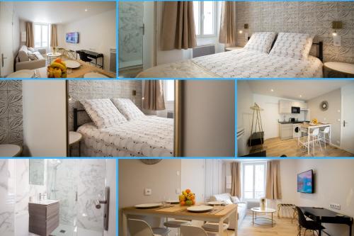 un collage de photos d'une chambre d'hôtel dans l'établissement Self Checkin Automatique - Downtown - EUROPE CHIC, à La Ferté-sous-Jouarre