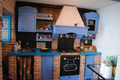 a small kitchen with blue cabinets and a stove at Beachfront villa Kakrc in Tivat