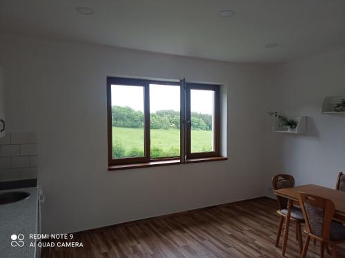 ein leeres Zimmer mit einem Fenster und einem Tisch in der Unterkunft Apartmány u Bečova nad Teplou in Bečov nad Teplou