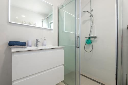 La salle de bains est pourvue d'une douche en verre et d'un lavabo. dans l'établissement Ascolana Holiday Home, à Šibenik