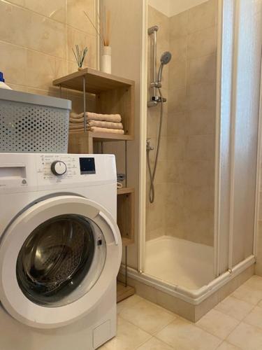 a washing machine in a bathroom with a shower at Apartments Lav in Umag