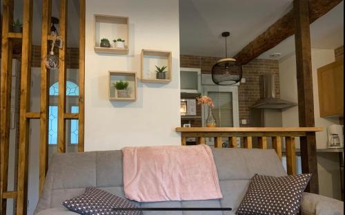 ein Wohnzimmer mit einer Couch mit einer rosa Decke in der Unterkunft D2 CHARMANT duplex proche de la mer, avec jardin in Ingouville