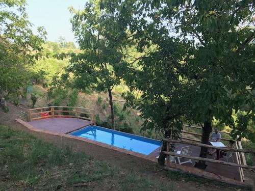 a person sitting on a bench next to a swimming pool at Vicinato Homestead in Molazzana