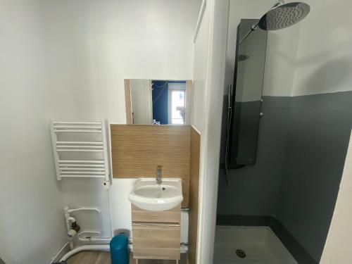 a small bathroom with a sink and a mirror at Studio Confort Lorient Nouvelle Gare Hypercentre in Lorient