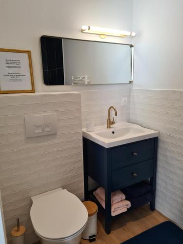 La salle de bains est pourvue de toilettes, d'un lavabo et d'un miroir. dans l'établissement Location LA REBELLE - LA ROCHELLE B, à La Rochelle