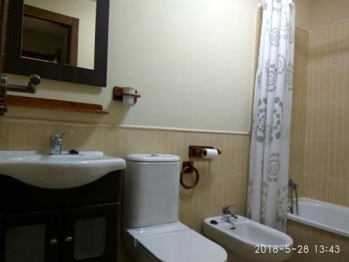 uma casa de banho com um WC, um lavatório e um chuveiro em PRECIOSO APARTAMENTO JUNTO AL MAR em Isla Canela