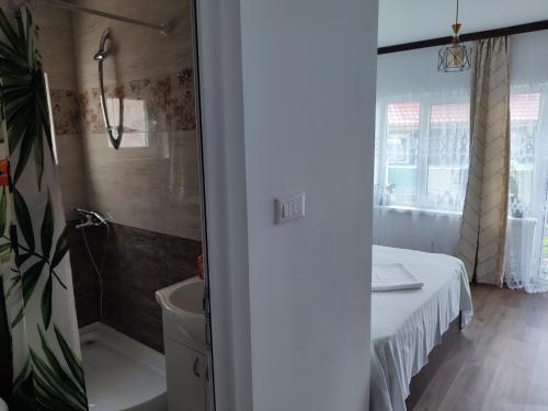 a bathroom with a bed and a shower and a tub at Vila Nikol in Năvodari