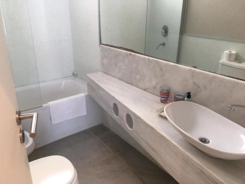 a bathroom with a sink and a toilet and a mirror at Vizion Suites by D&G in Carilo