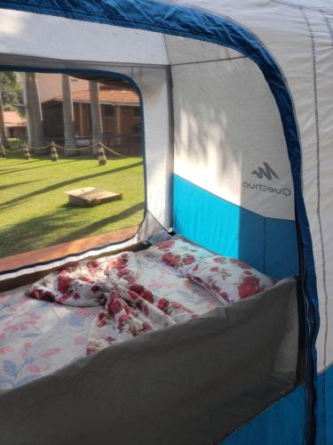 ein blau-weißes Zelt mit einem Bett darin in der Unterkunft Locação De Barracas EcoPark in São Pedro