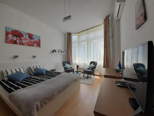 een slaapkamer met een groot bed en een televisie bij Central Belvedere Apartman in Boedapest