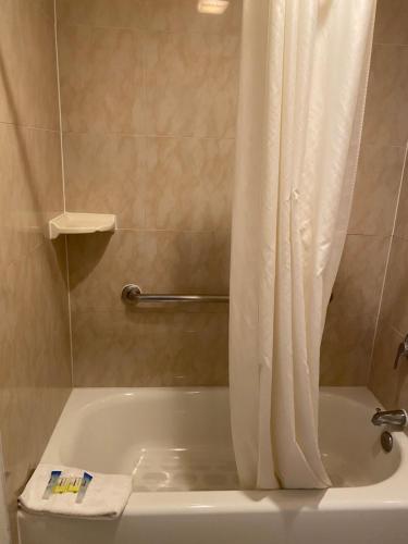 y baño con bañera y cortina de ducha. en Hotel Palmeras Chula Vista, en Chula Vista