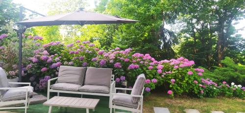 a patio with two chairs and an umbrella and flowers at "La Selvetta" bed and breakfast in Buguggiate