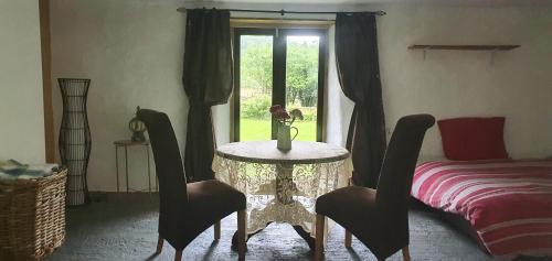 a bedroom with a table and chairs and a bed at Riverside Cottage in Barnstaple