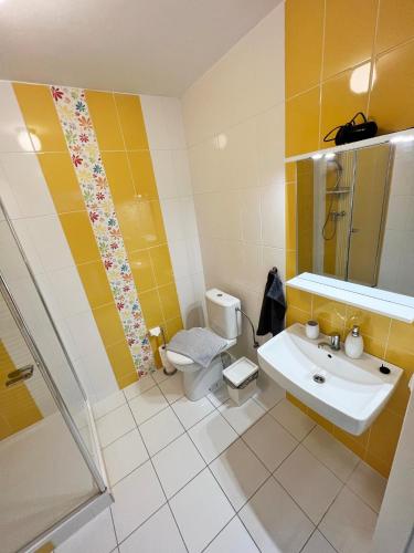 a bathroom with a sink and a toilet at Penzion Rozárka in Přísečná