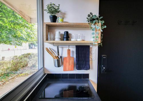 a tiny kitchen with a sink and a window at Le lodge de Fourvière in Lyon