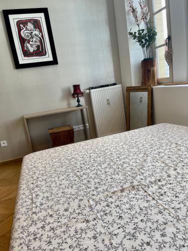 Cette chambre comprend un lit avec une couverture fleurie. dans l'établissement Superbe 40 m2 tout confort au cœur de Dijon, à Dijon