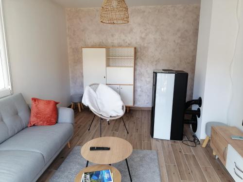 a living room with a couch and a table at Le Petit Cabanon in Sapois