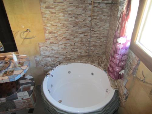 a bathroom with a white toilet and a stone wall at Anahuaska Art - Suites Temáticas in Panzares