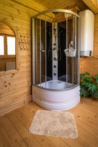 a shower in a wooden room with a rug at Domek KOTlina in Ścinawka Średnia