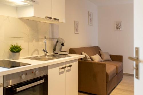 une cuisine avec un évier et un canapé dans une chambre dans l'établissement LOC TROTTEUR LE FLEUR DES CHAMPS F2 cosy, gare SNCF de Lourdes, à Lourdes