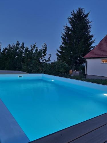 a swimming pool with blue lighting on top of a house at HOOPOVO HOUSE Fruška gora in Irig