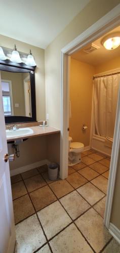 a bathroom with a sink and a toilet and a mirror at Fair Isle Motel in Whycocomagh